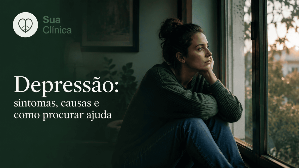 Mulher pensativa sentada junto à janela, refletindo sobre os sintomas de depressão