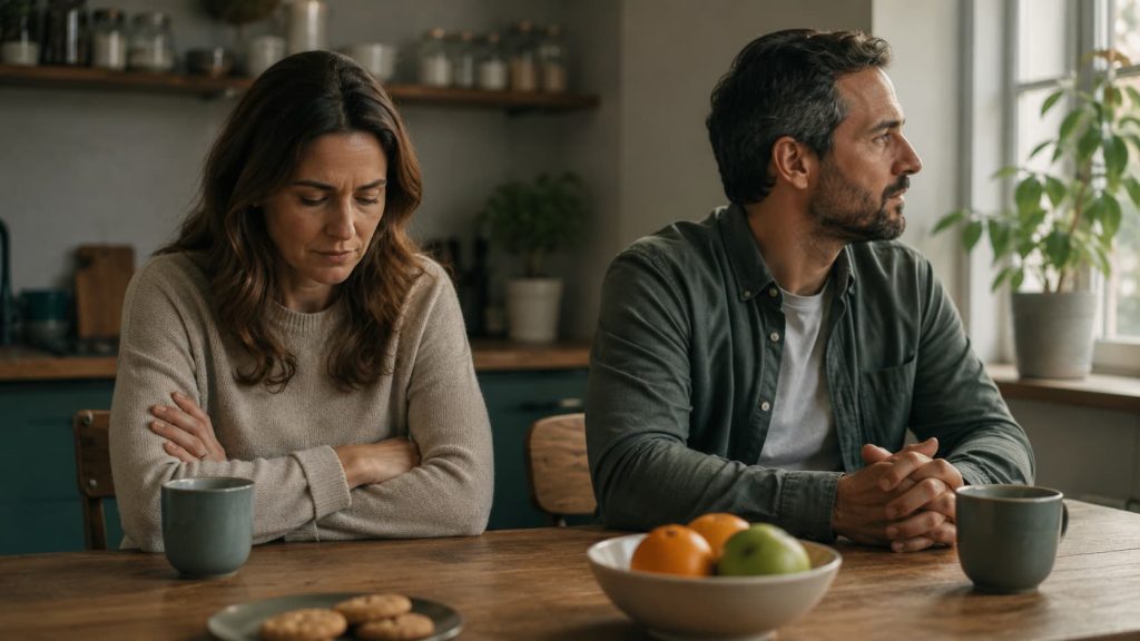 Casal à mesa com braços cruzados, tensão e conflito por resolver na relação