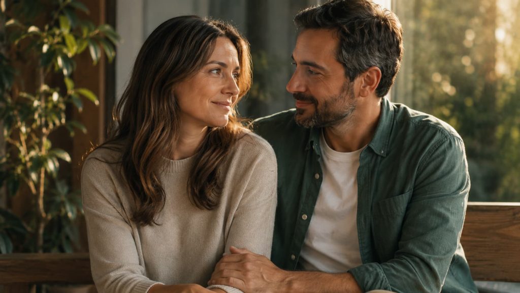 Casal sorridente e próximo, reconexão emocional após terapia de casal