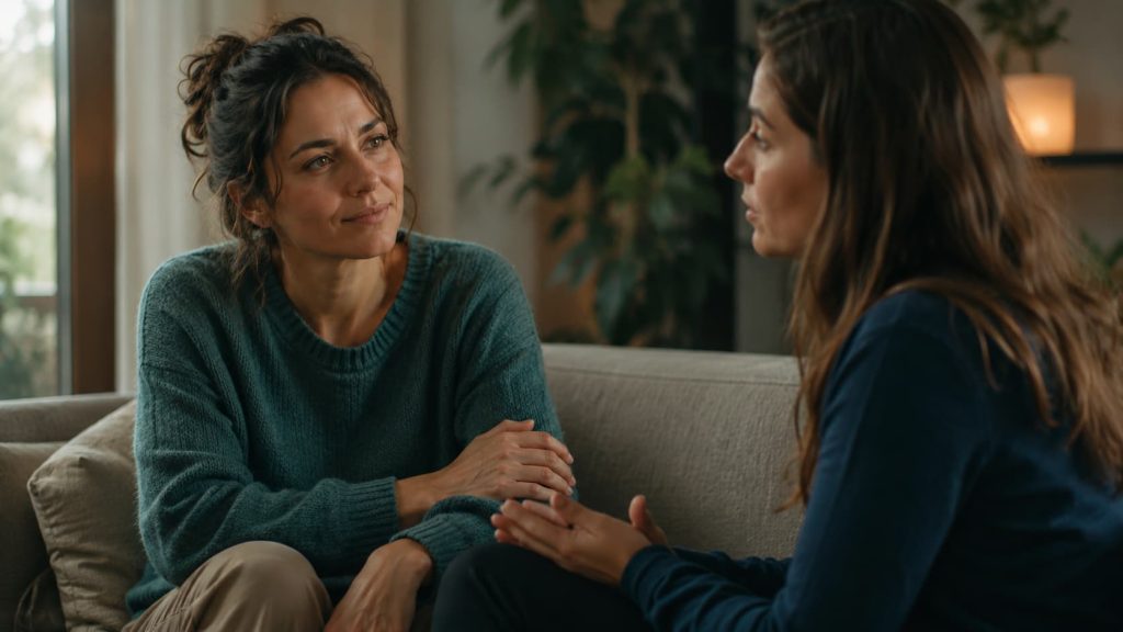 Duas mulheres a conversar em ambiente calmo, momento de validação e escuta sobre borderline