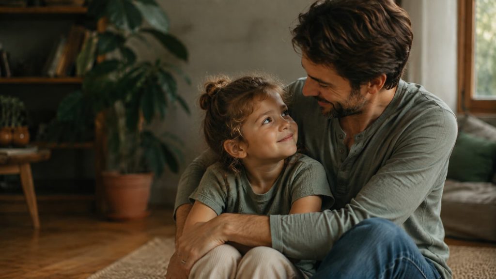 Pai e filha num momento de afecto em casa, ilustrando a formação da auto-estima na infância