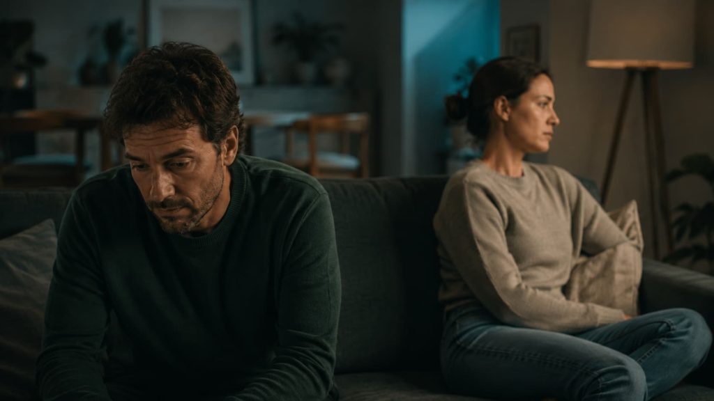 Casal com distância emocional visível, desgaste numa relação com traços de personalidade narcísica