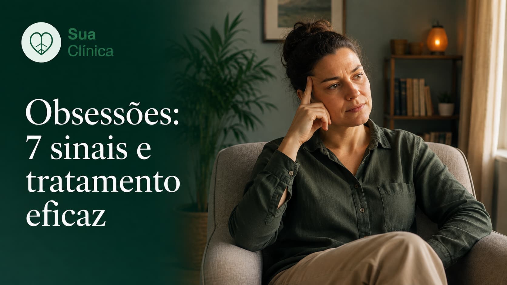 Mulher pensativa em casa, mão na têmpora, sinal de obsessões e pensamentos intrusivos