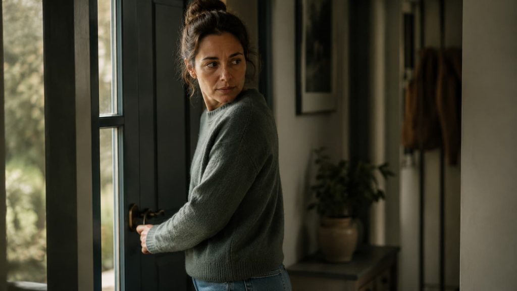 Mulher a olhar para trás junto à porta, comportamento de verificação repetida associado às obsessões