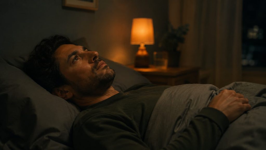 Homem acordado na cama à noite, pensamentos intrusivos e ruminação associados às obsessões