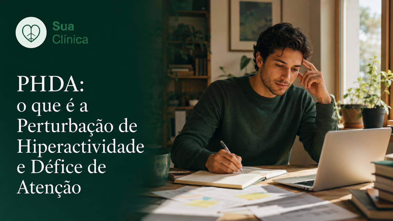 PHDA - jovem concentrado a trabalhar com dificuldade de atenção numa secretária