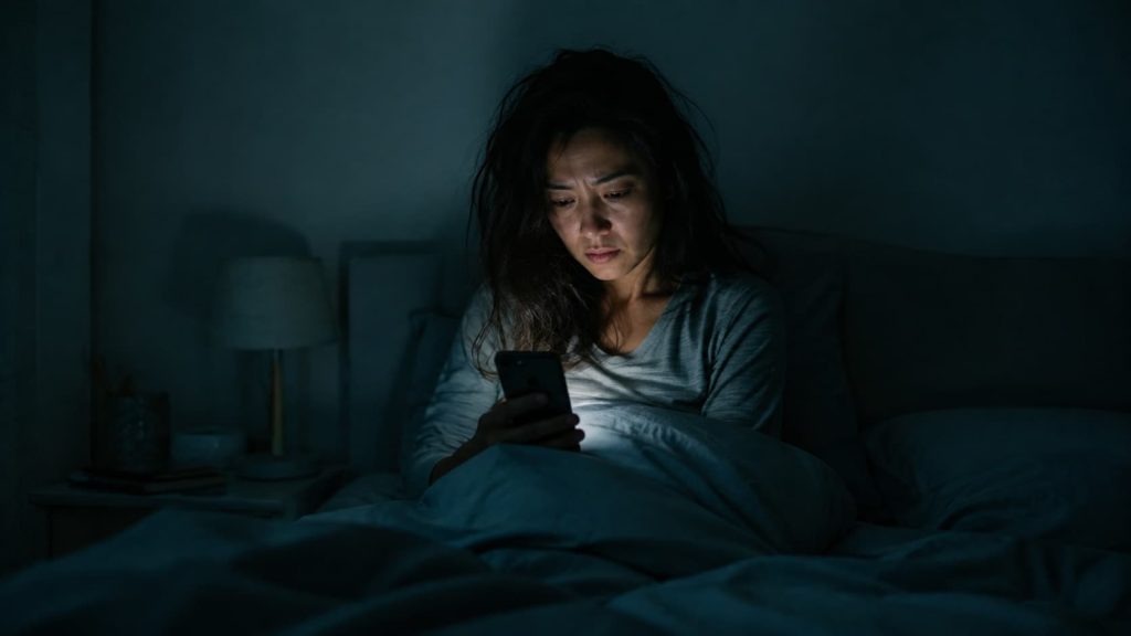 Insónia - mulher acordada na cama a meio da noite a olhar para o telemóvel