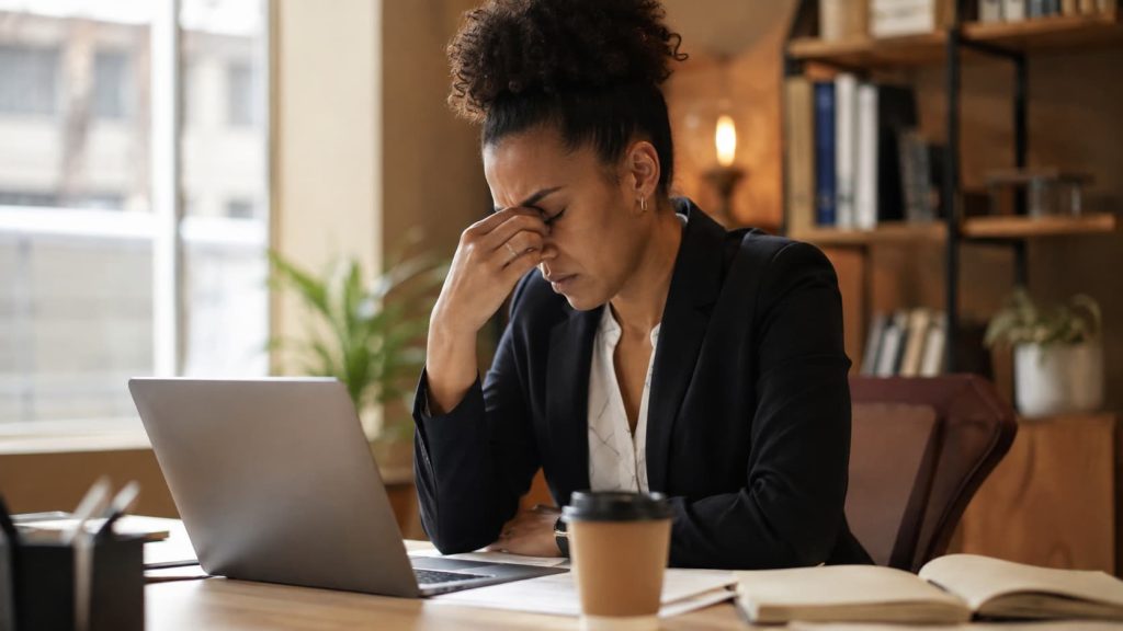 Insónia - mulher cansada com dificuldade de concentração no trabalho