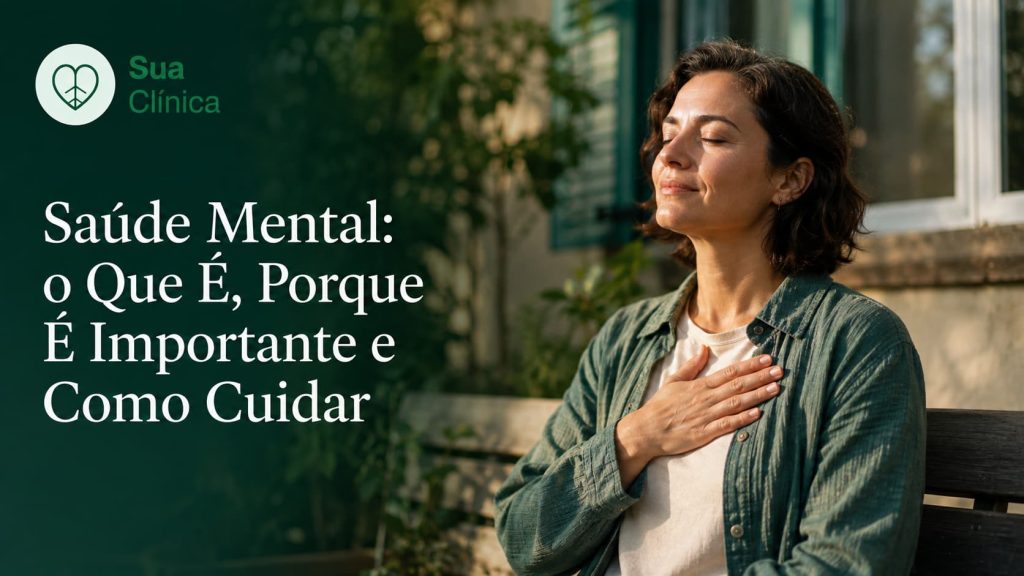 Saúde mental - mulher a respirar calmamente com a mão no peito num momento de equilíbrio