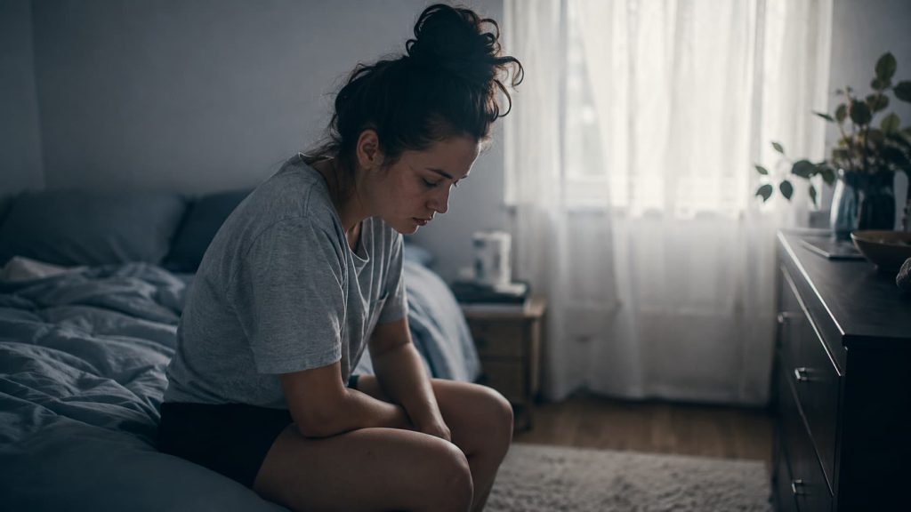 Saúde mental - mulher exausta sentada na cama de manhã com sinais de desequilíbrio emocional