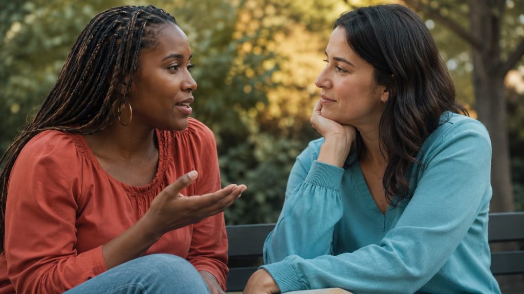 Saúde mental - duas amigas em conversa apoiante ao ar livre