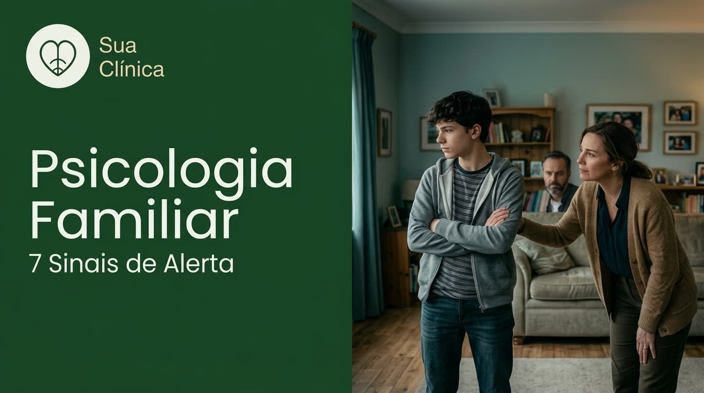 Psicologia Familiar: 7 Sinais de Alerta — imagem de capa do artigo da Sua Clínica com pais e filho a conversar em casa