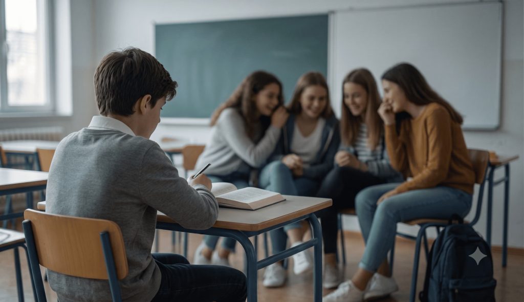 Aluno isolado na sala de aula enquanto colegas conversam à parte, sinal de exclusão social
