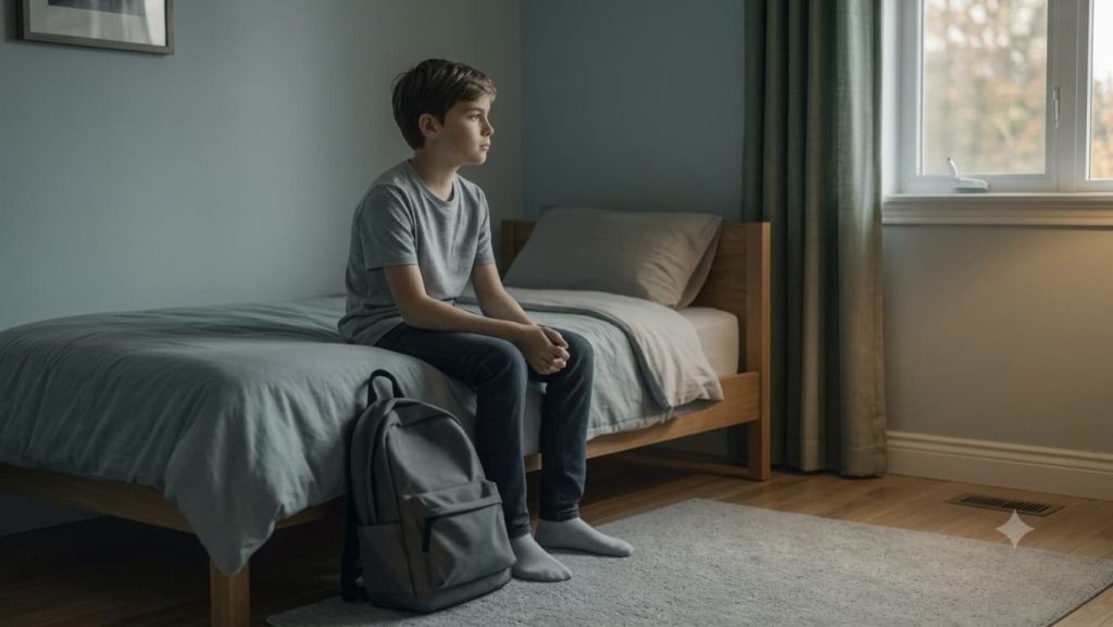 Child sitting alone on the edge of a bed, withdrawn expression reflecting the psychological impact of bullying