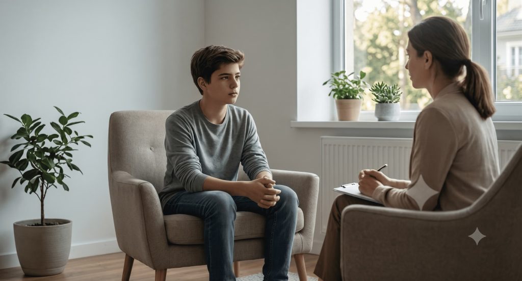 Jovem numa sessão de terapia com psicóloga, apoio psicológico após bullying