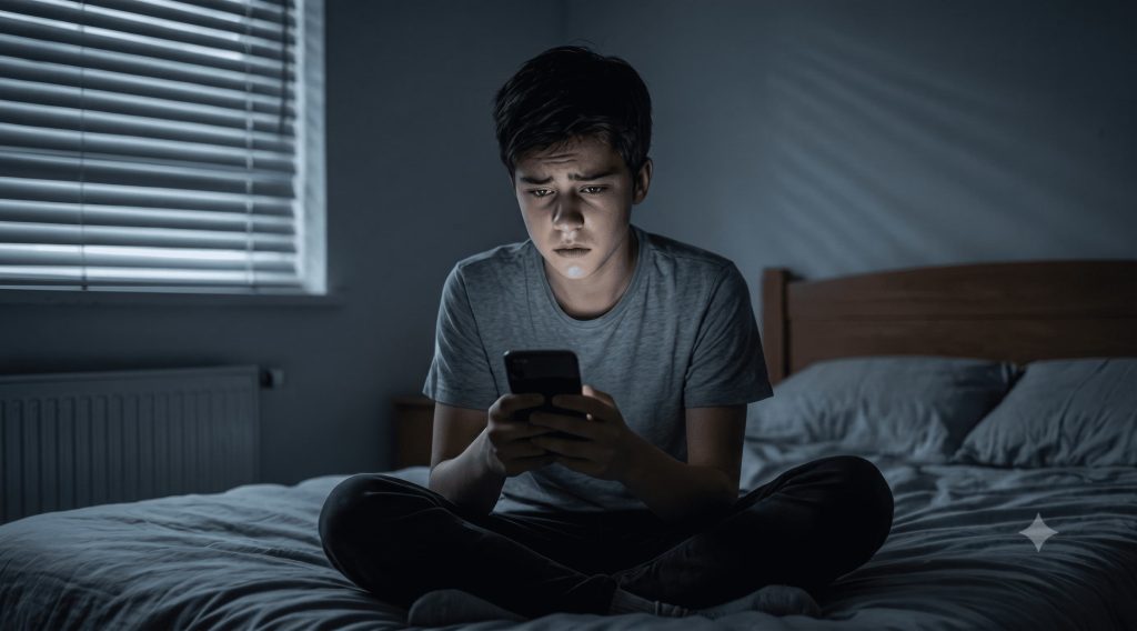 Adolescente sozinho no quarto à noite a olhar para o telemóvel, sinal de cyberbullying