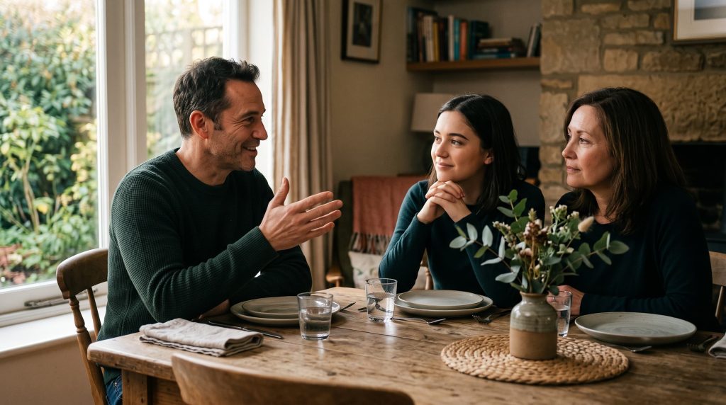 Família a conversar à mesa, ilustrando o trabalho de comunicação familiar em psicologia familiar