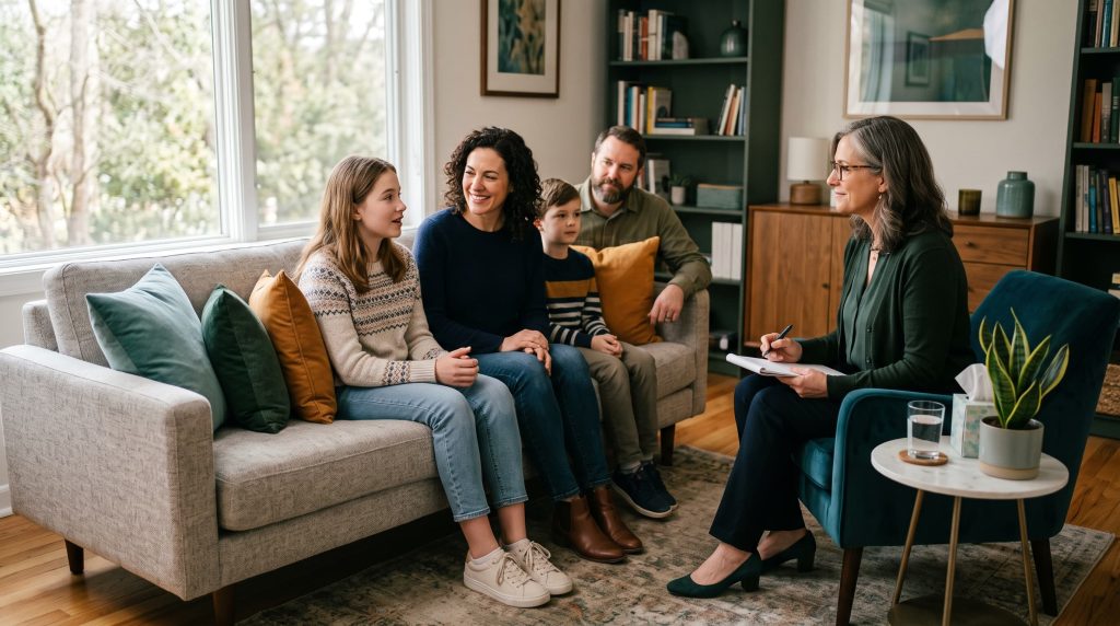 Família em sessão de terapia familiar com um psicólogo, tema do artigo sobre psicologia familiar
