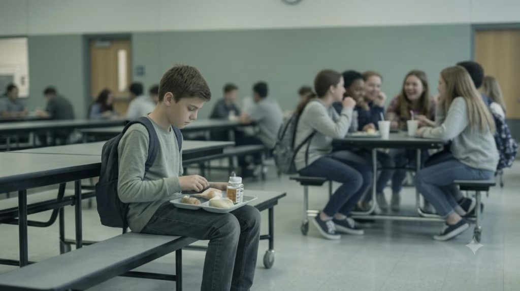 Student sitting alone in a school cafeteria while classmates gather at another table