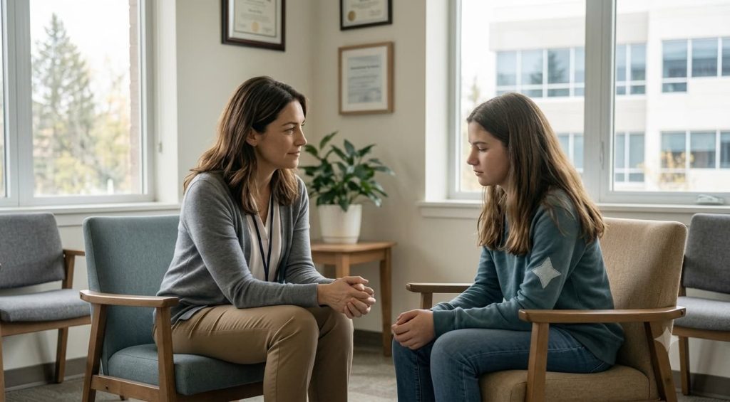 A caring adult talking with a teenager at eye level, offering trusted support after experiencing bullying