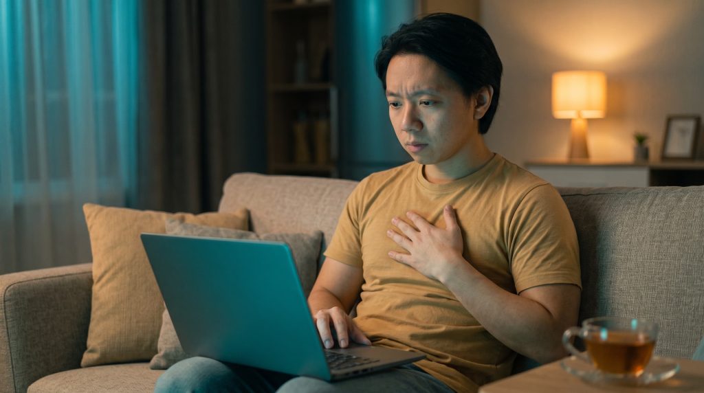 Pessoa a pesquisar sintomas na Internet à noite, com a mão no peito devido a um aperto no coração