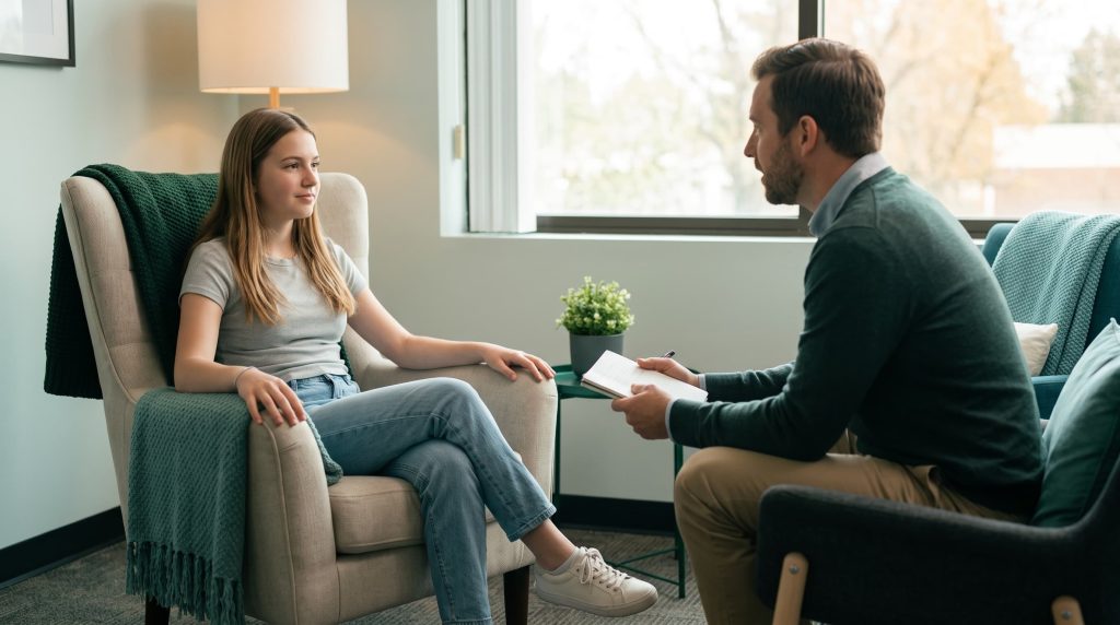 Jovem em consulta de psicologia a receber apoio durante a gravidez na adolescência