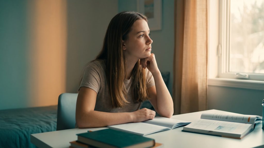 Jovem com os livros escolares à sua frente, preocupada com o futuro devido a uma gravidez na adolescência