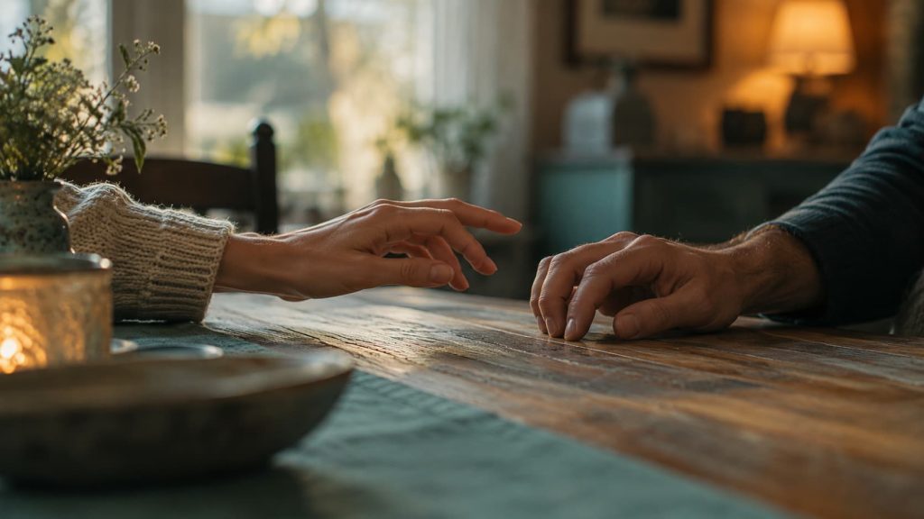 Perturbações da personalidade — mãos hesitantes sobre a mesa, distância emocional numa relação