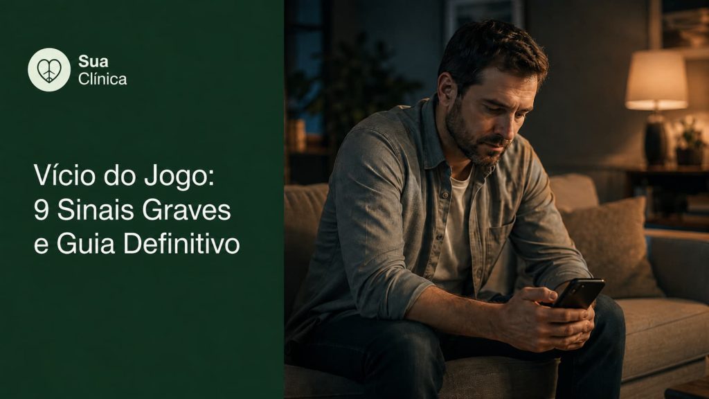Vício do jogo — homem sentado sozinho ao final do dia com o telemóvel na mão