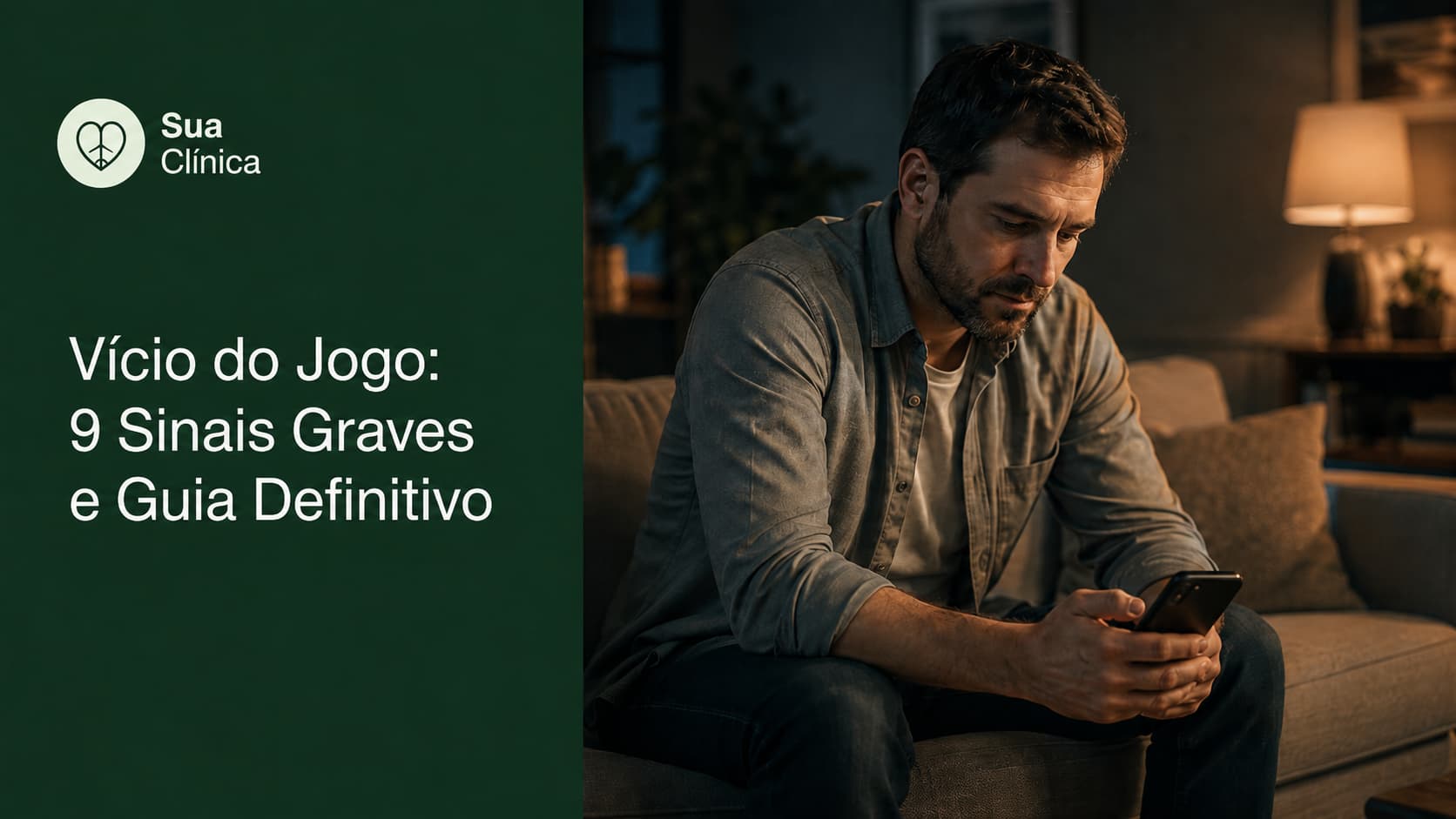 Vício do jogo — homem sentado sozinho ao final do dia com o telemóvel na mão