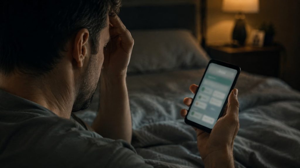 Vício do jogo — homem deitado a olhar para o telemóvel a meio da noite