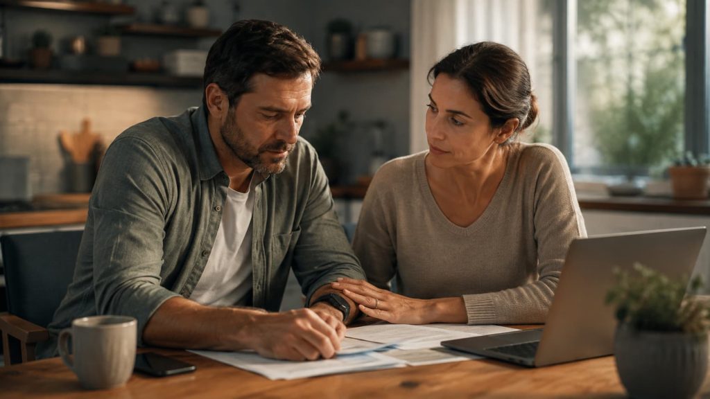 Vício do jogo — casal a conversar sobre finanças na mesa da cozinha