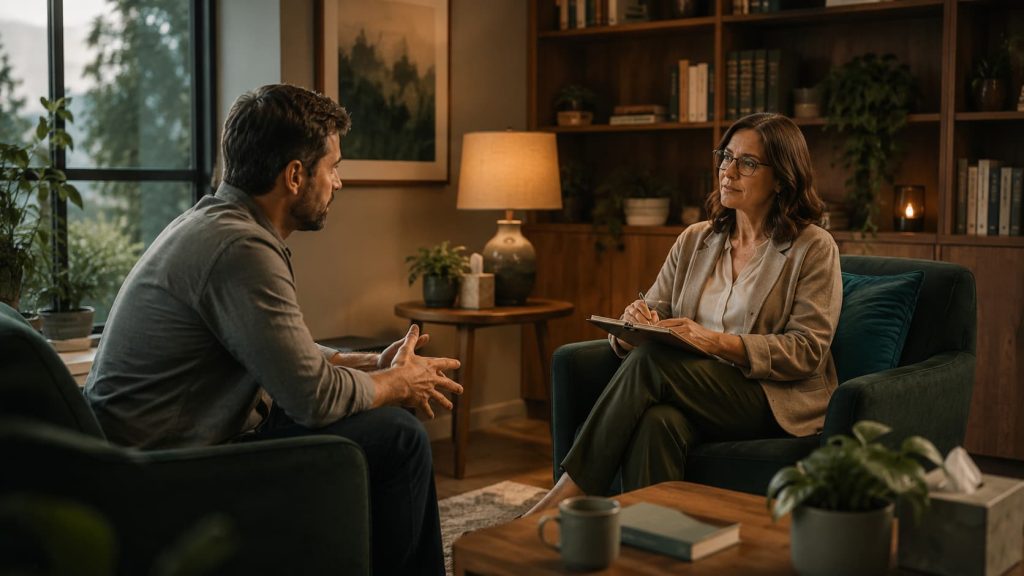 Vício do jogo — sessão de psicoterapia com psicólogo e paciente