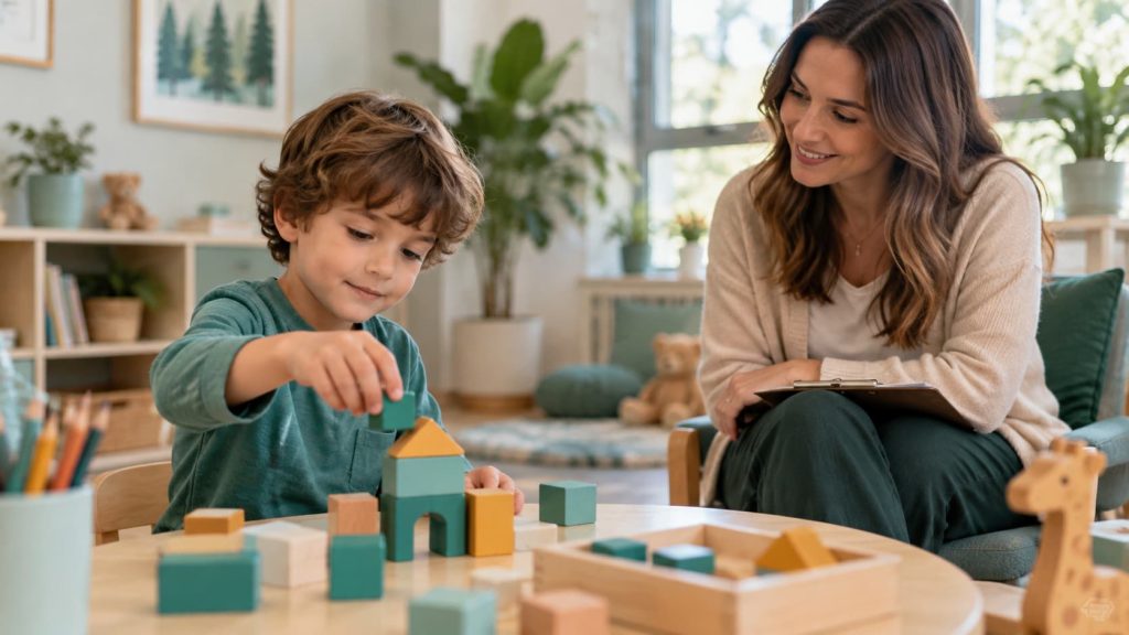 Neuropsicologia infantil — criança em avaliação com blocos de construção