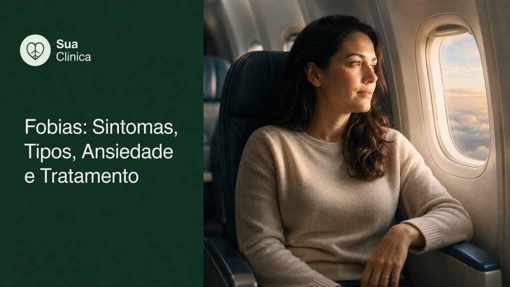 Fobias — mulher sentada junto à janela do avião, calma durante o voo