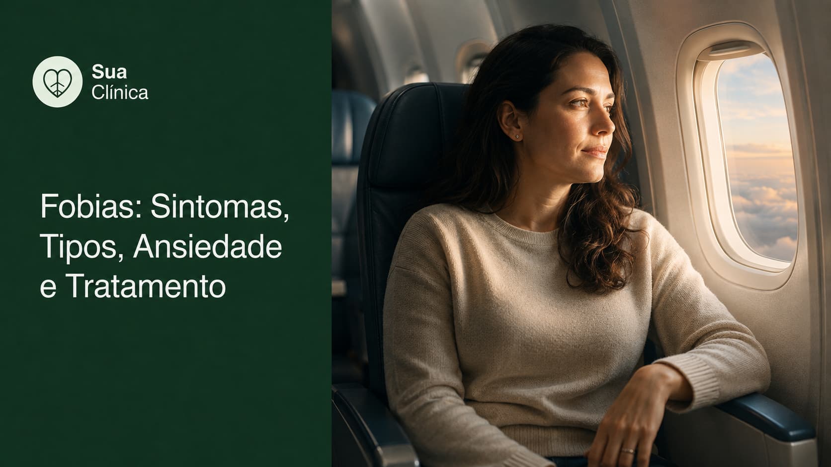 Fobias — mulher sentada junto à janela do avião, calma durante o voo