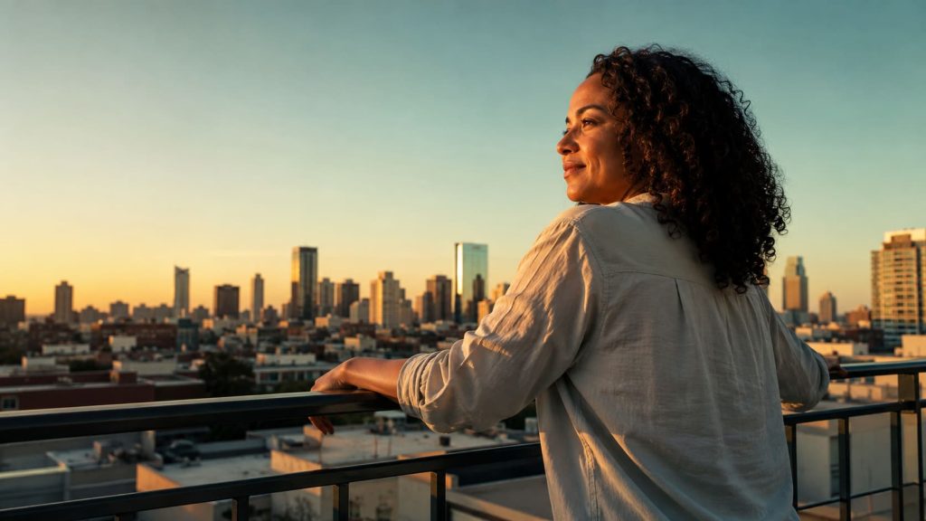 Fobias — mulher tranquila num terraço, sinal de recuperação