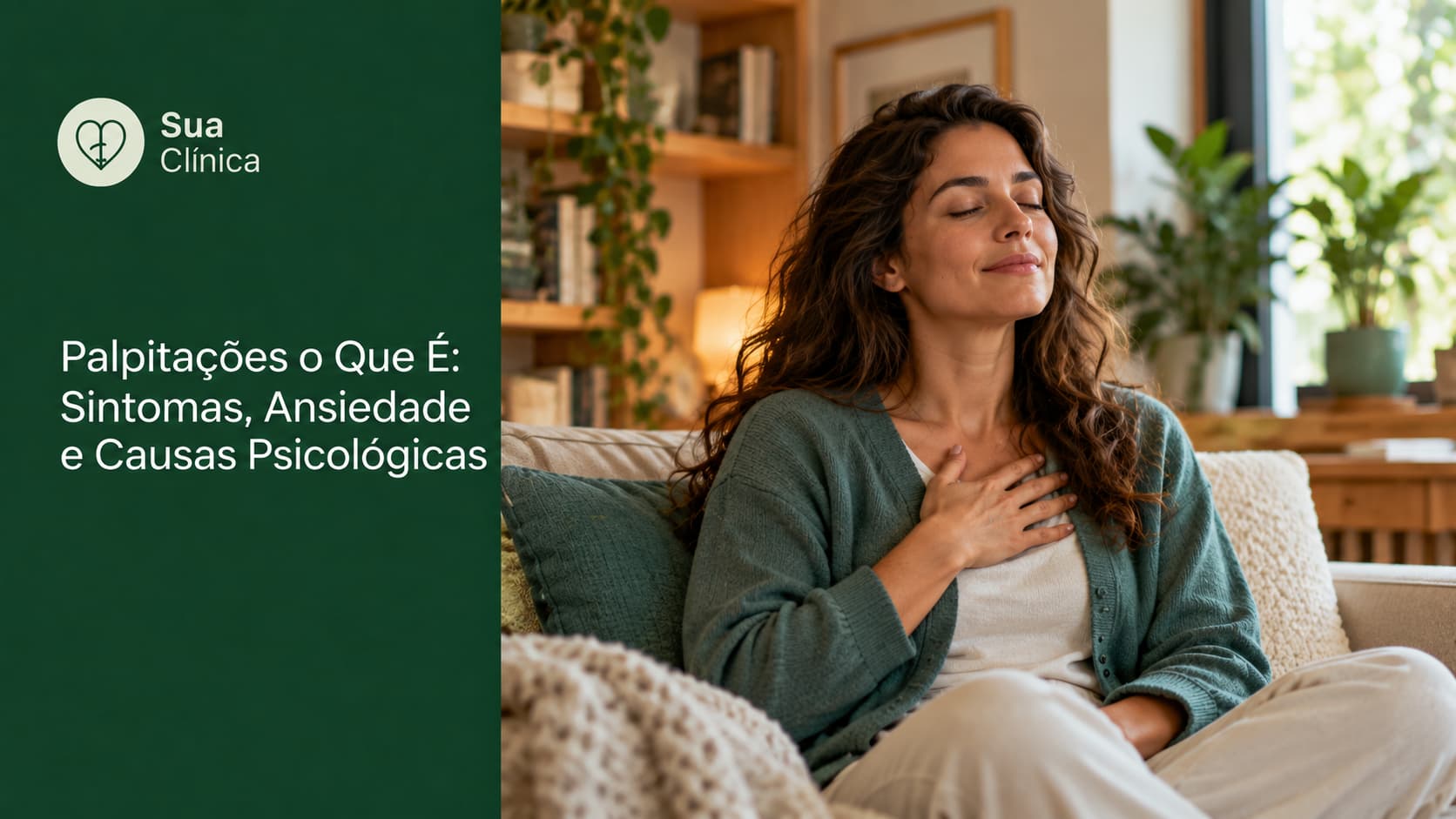Palpitações o que é — mulher calma com a mão no peito em casa