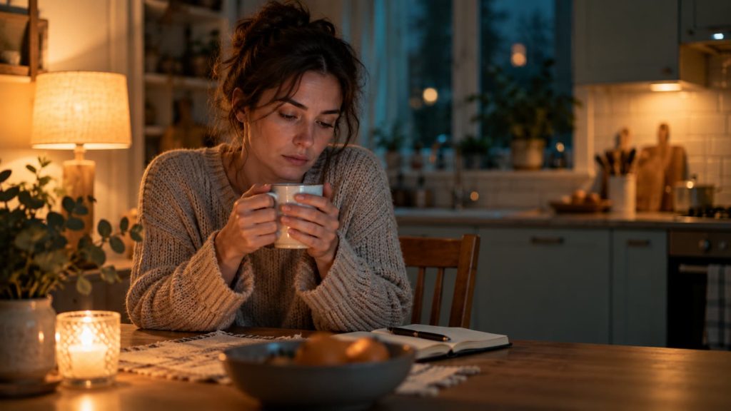Palpitações o que é — mulher pensativa à mesa da cozinha à noite