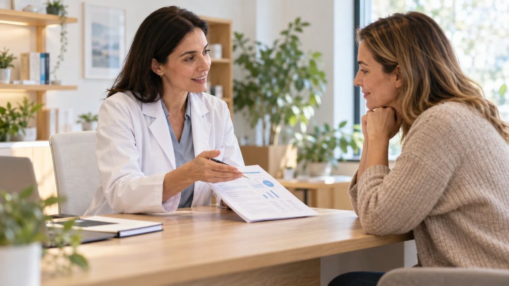 Hipocondria: médica a explicar resultados de exames a uma paciente numa consulta, num ambiente calmo e de confiança