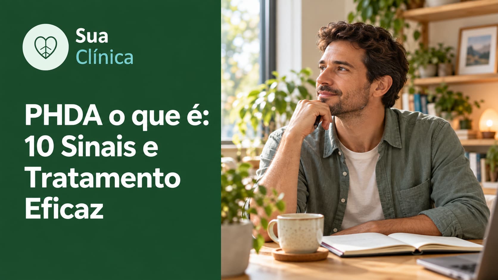 PHDA o que é: homem pensativo à secretária junto a uma janela, numa capa sobre os 10 sinais e o tratamento eficaz