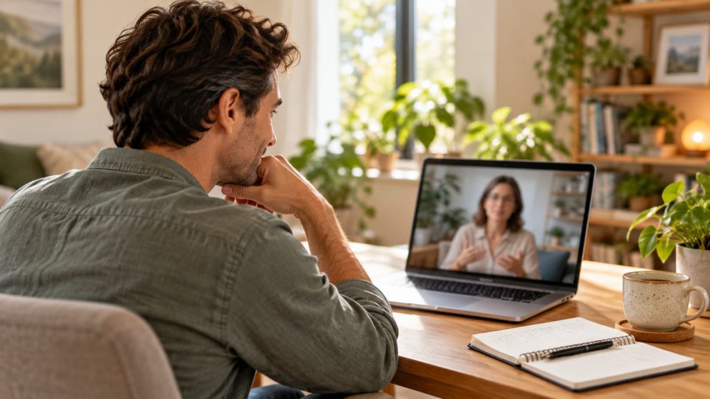 PHDA o que é: homem numa consulta de psicologia online por videochamada, a procurar avaliação e diagnóstico de PHDA