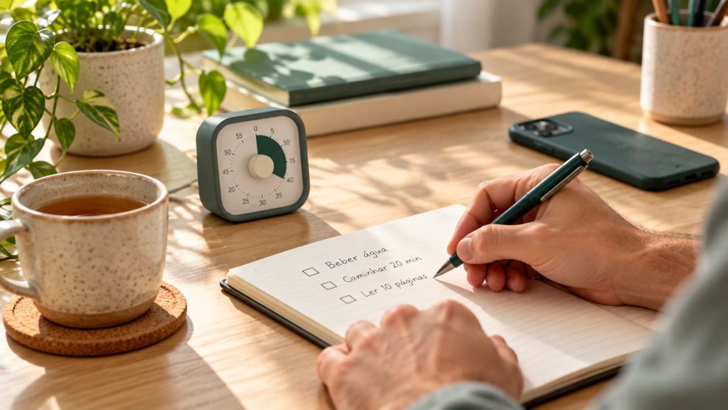 PHDA o que é: mãos a escrever uma lista curta de tarefas num caderno, com temporizador, uma estratégia prática para o dia-a-dia