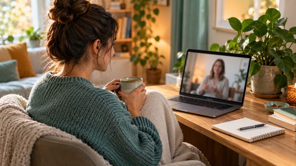 Psicoterapia consulta — sessão de psicoterapia online por videochamada a partir de casa