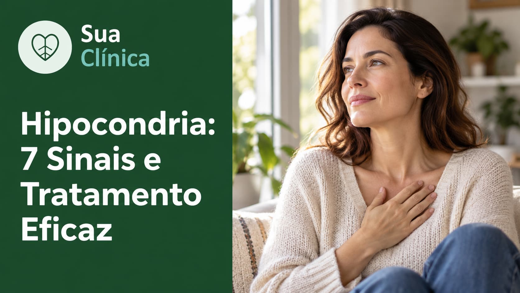 Hipocondria: mulher pensativa junto à janela com a mão no peito, numa capa sobre os 7 sinais e o tratamento eficaz